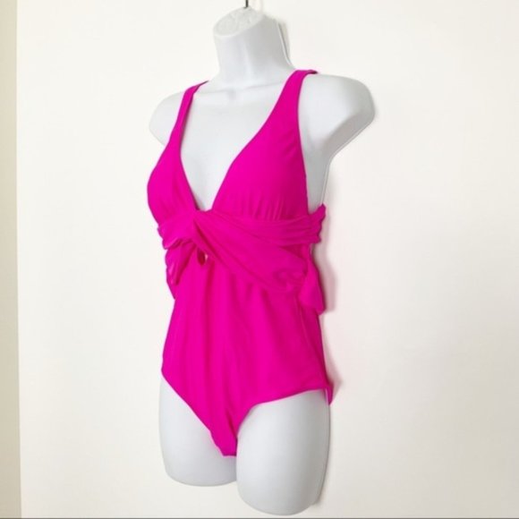 Fuchsia Self Tie Plunge One Piece Swimsuit - Picture 8 of 11